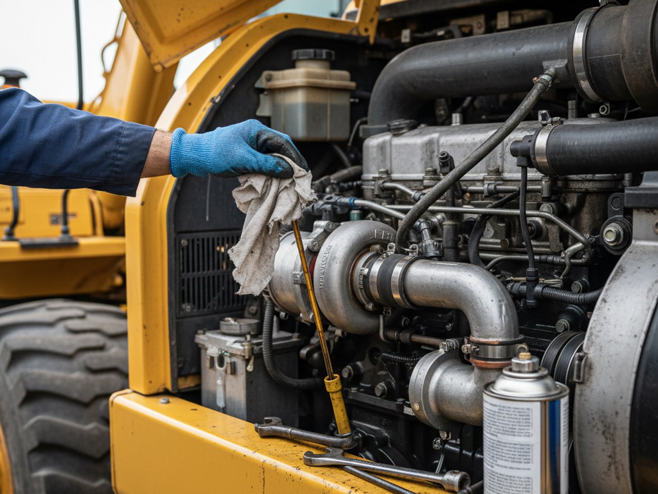 Проверка уровня масла в двигателе экскаватора перед началом смены