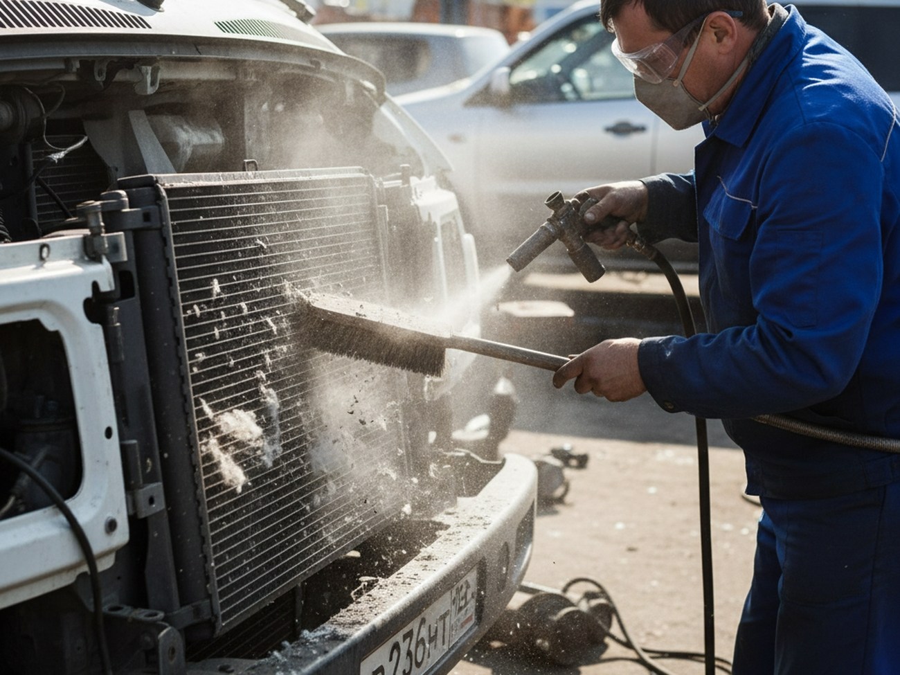 Механик очищает радиатор Газели от пыли и пуха, обслуживание спецтехники