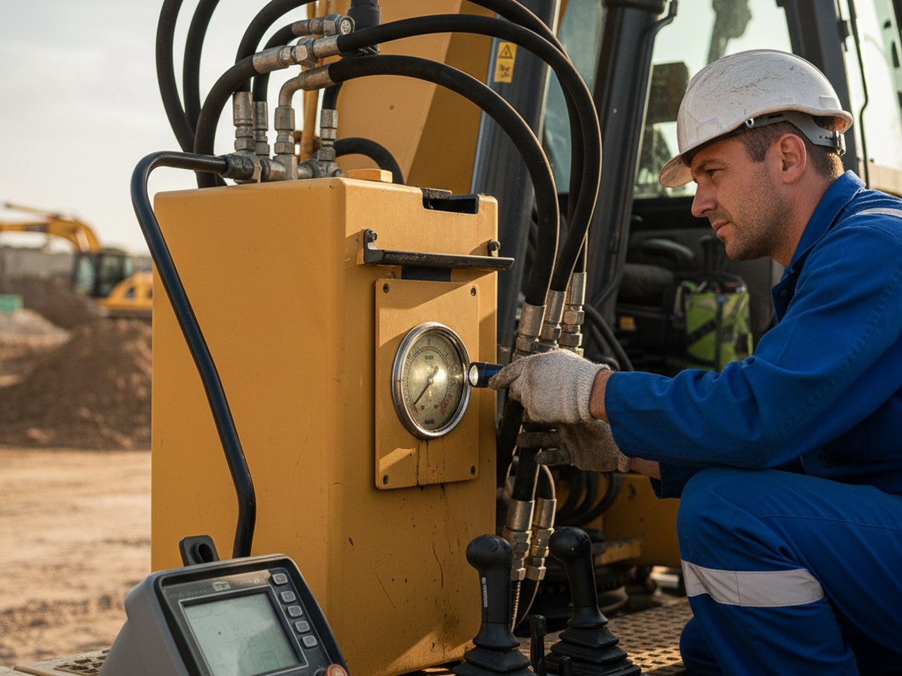 Осмотр гидравлической системы экскаватора на наличие утечек