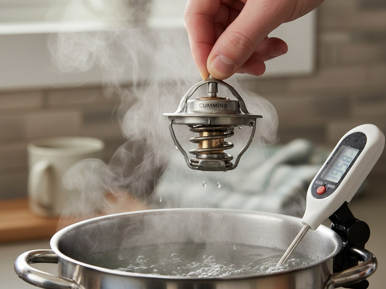 Проверка термостата Cummins в горячей воде, диагностика системой охлаждения