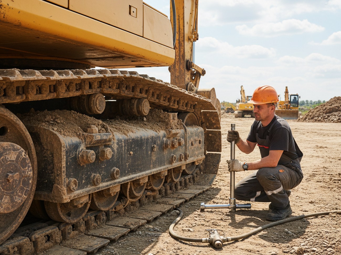 Регулировка натяжения гусеничной ленты экскаватора на рабочем объекте
