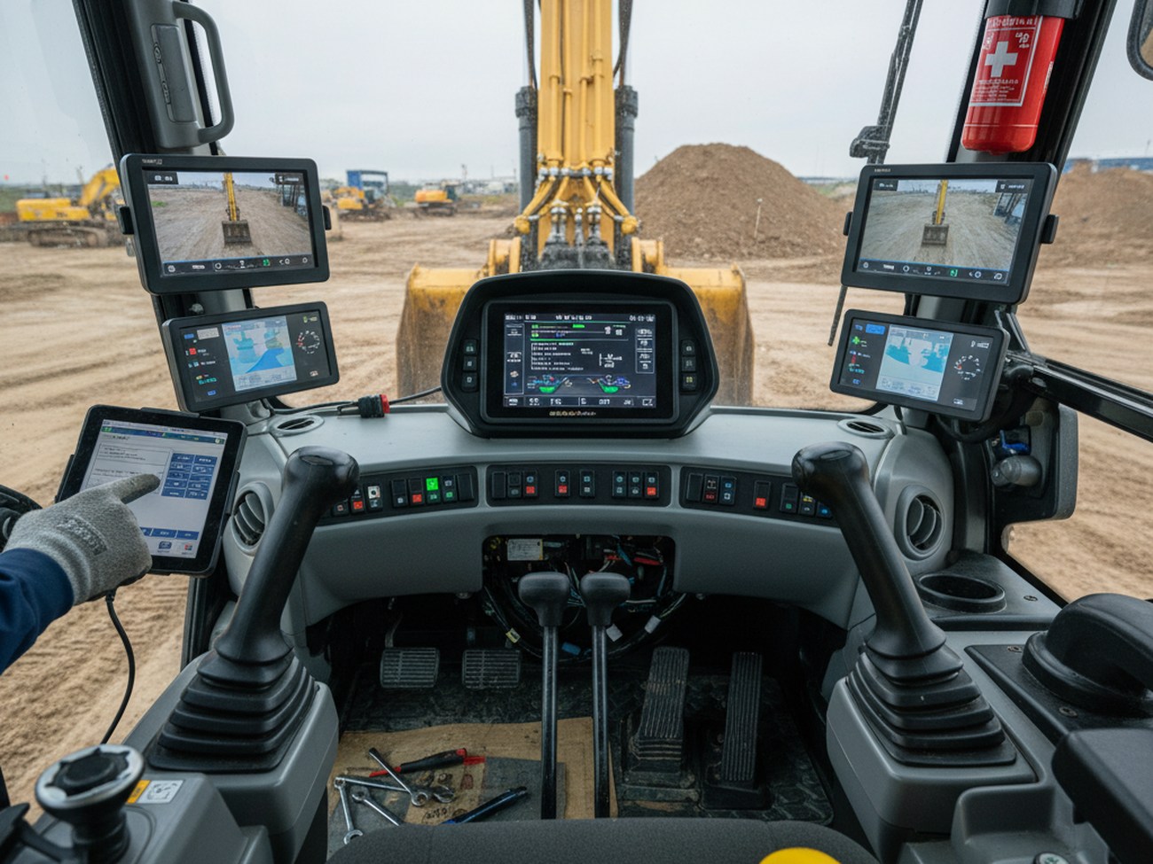 Проверка панели управления и электронных систем кабины экскаватора