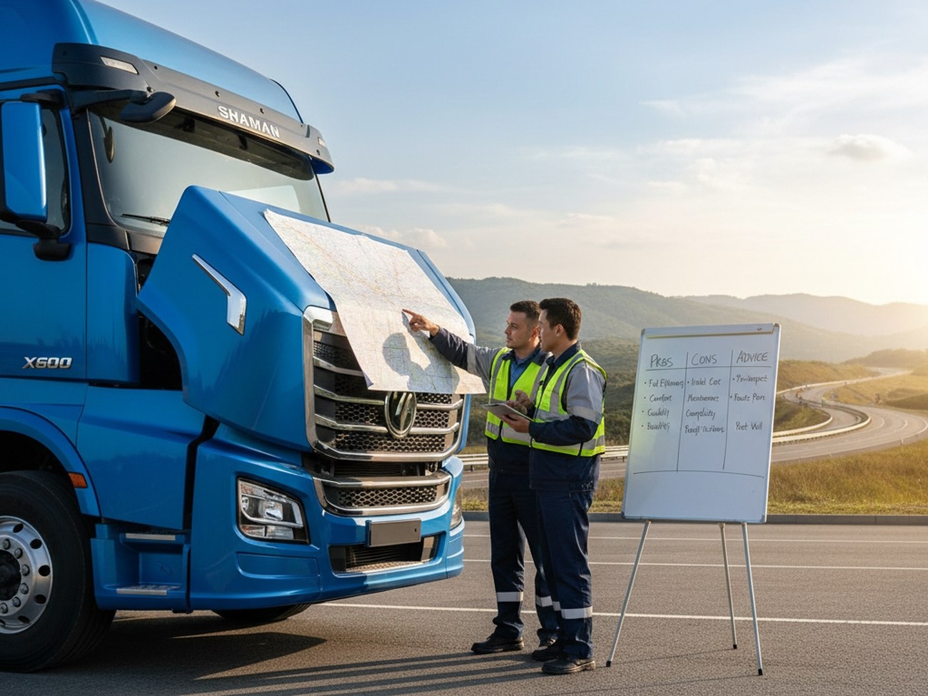 дальнобойщики обсуждают преимущества грузовика SHACMAN