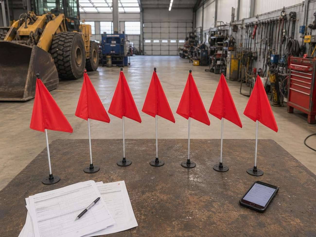 семь предупреждающих знаков на промышленном верстаке
