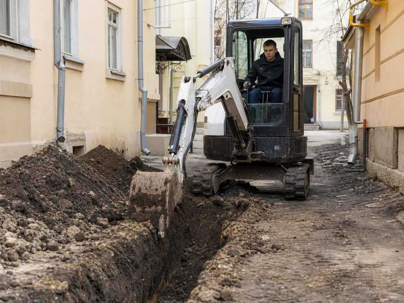 Техник проверяет компактный экскаватор в авторизованном сервисе