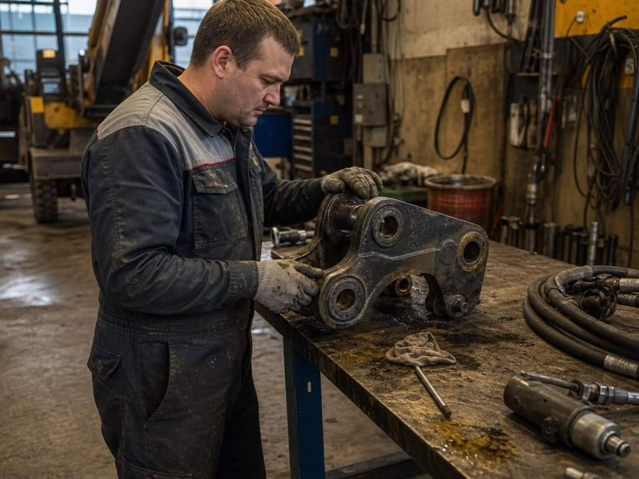 механик осматривает механический быстросъем экскаватора в ремзоне