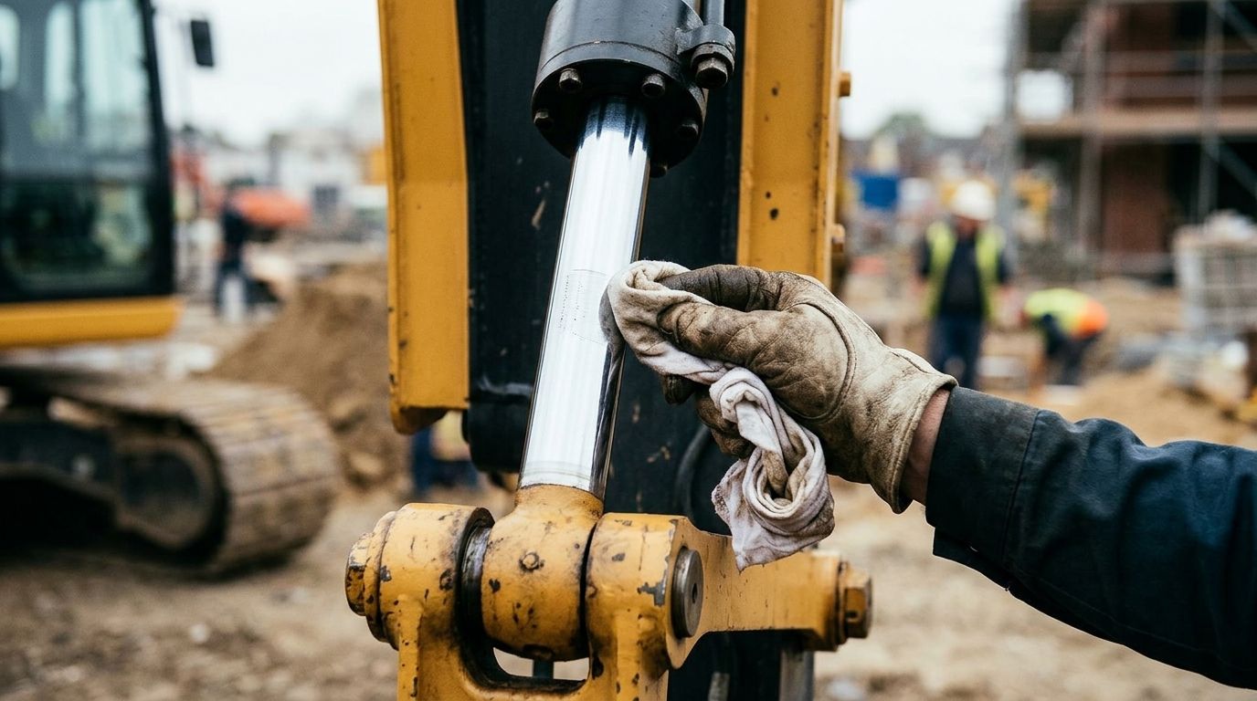 Осмотр штока гидроцилиндра экскаватора на наличие задиров и течи масла