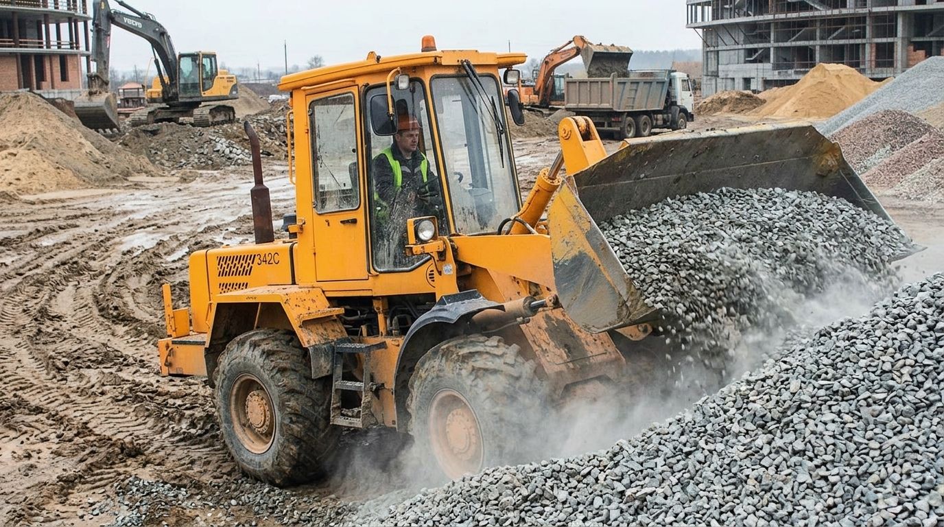 Тестирование фронтального погрузчика под нагрузкой на строительной площадке