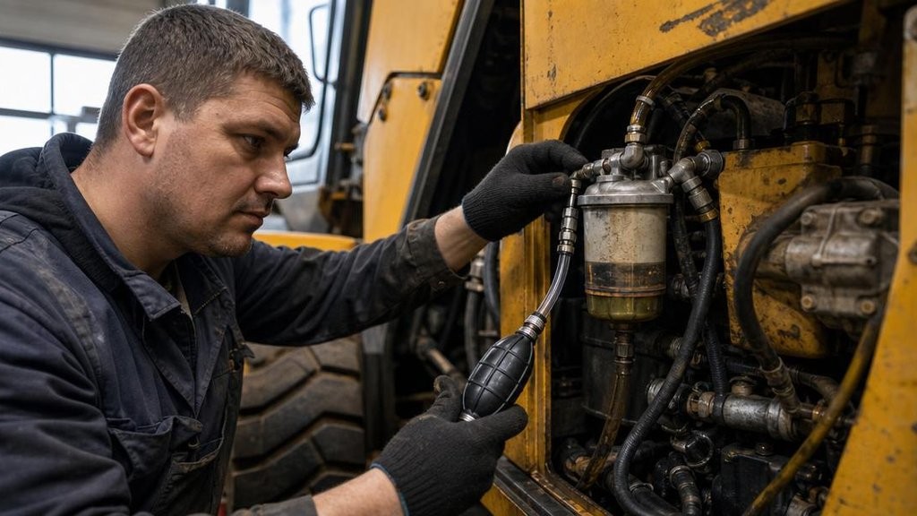 прокачка топливной системы погрузчика ручным насосом после замены фильтра
